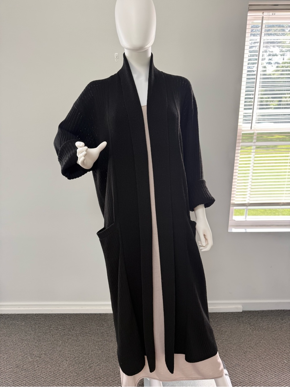 Luxury Wool Black Ribbed Open-Front Longline Cardigan Universal Size - Picture 13 of 15